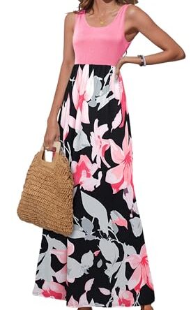 Bluetime Womens Summer Scoop Neck Sleeveless Tank Top Floral Print Maxi Dress (Pink, XL)