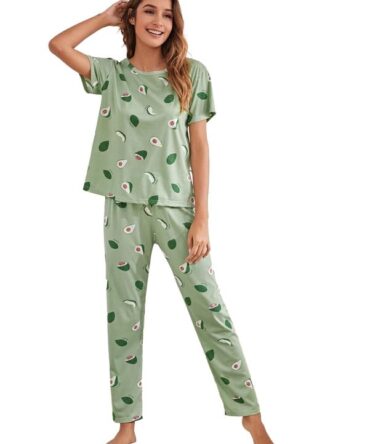 SMOWKLY Printed Round Neck Short Sleeve Nightsuit Set | Pajama Set | Night Dress for Women (1024_GRN_3XL) Mint Green