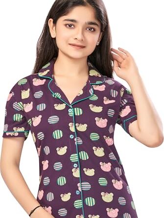 BLOEM Girls Cotton Characters Nightsuit | Shirt & Pyjama Set for Girls | Soft & Breathable Sleepwear Set (Purple, 9-10 Years)