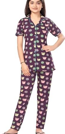 BLOEM Girls Cotton Characters Nightsuit | Shirt & Pyjama Set for Girls | Soft & Breathable Sleepwear Set (Purple, 9-10 Years)