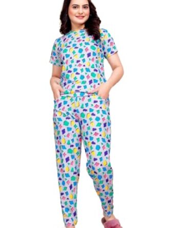 M-SIS Women's Colorful Print Cotton Nightwear Pajama Set, Short Sleeve Top with Full Length Pants, Loungewear with Pockets (Multicolor, XL)