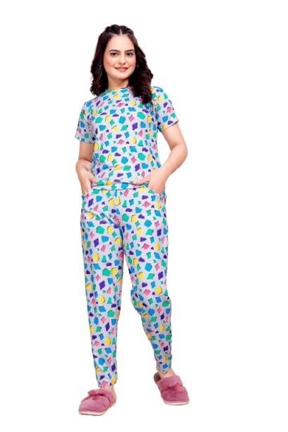 M-SIS Women's Colorful Print Cotton Nightwear Pajama Set, Short Sleeve Top with Full Length Pants, Loungewear with Pockets (Multicolor, XL)