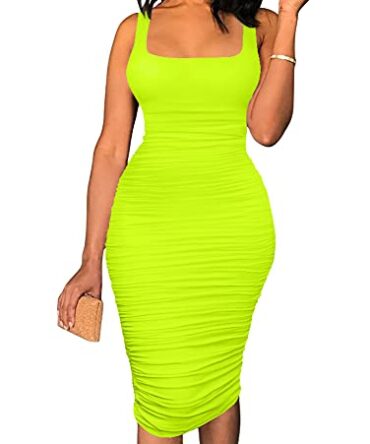 BEAGIMEG Women's Sexy Tank Top Bodycon Ruched Sleeveless Basic Midi Party Dress Fluogreen
