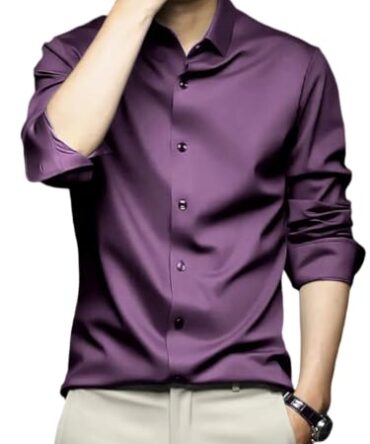 IndoPrimo Men's Stylish Solid Satin Casual Shirt for Men Full Sleeve (in, Alpha, S, Regular, Purple)