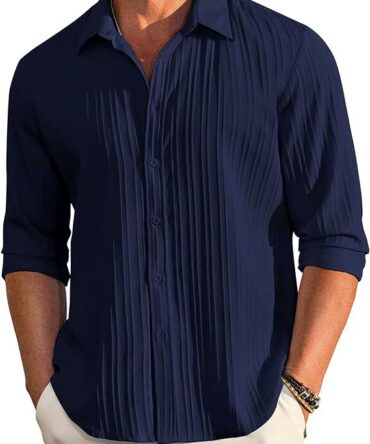 CB-COLEBROOK Men's Casual Button Down Shirts Long Sleeve Linen Shirt Fashion Textured Beach Summer Shirt (in, Alpha, XL, Regular, Navy Blue)