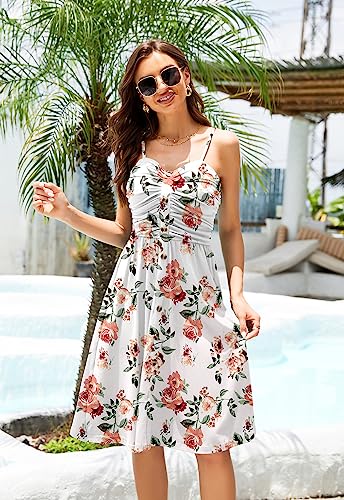 Drimmaks Women's Flattering Dresses Sleevless Rucehd Top Button Down Swing Midi Casual Party Dress(White Floral 2,M) - Image 7