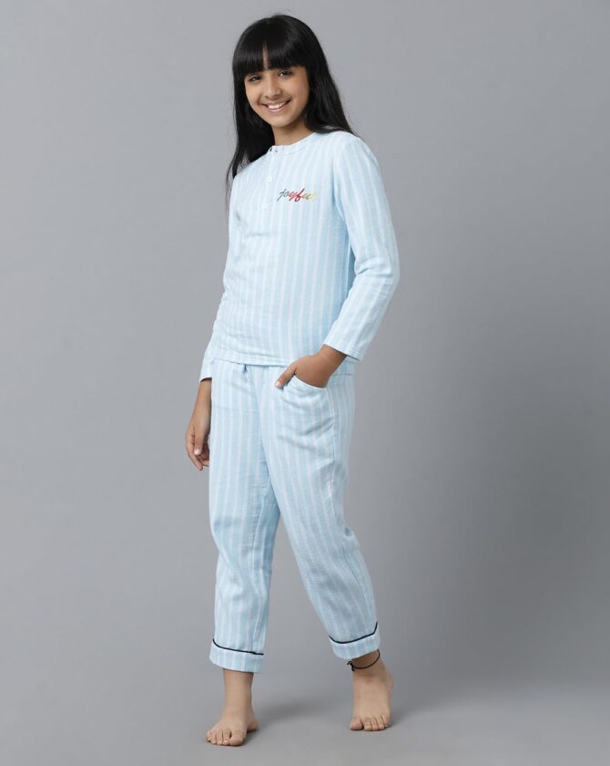 Under Fourteen Only Checker Cotton Nightwear Set with Top & Pyjama for Girls, Half Sleeve Brushed Flannel Nightsuit/Sleepsuit/Sleepwear/Loungewear Combo Set for Kids (2-3 Years, Blue) - Image 4