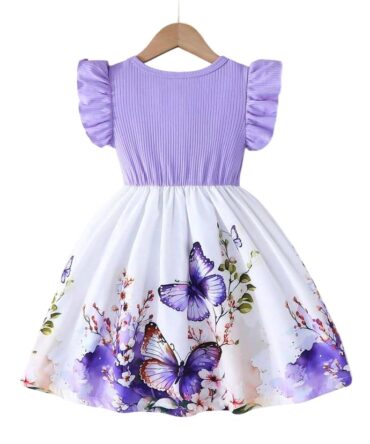 Anjali Enterprise Kids Girls Butterfly Cotton Frock|Soft & Comfortable Dress for Summer | Cotton Knee Length Casual Frock Violet