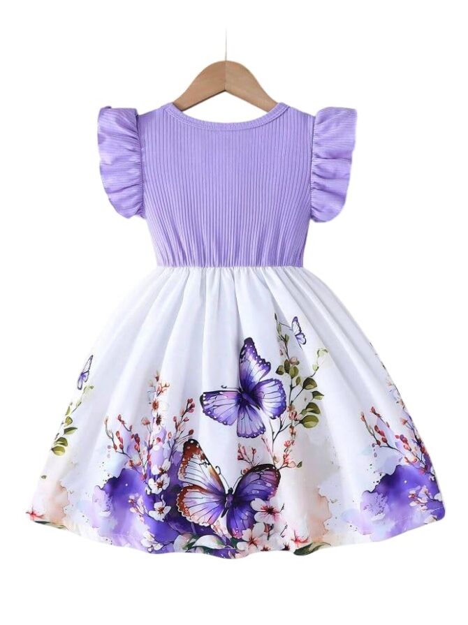 Anjali Enterprise Kids Girls Butterfly Cotton Frock|Soft & Comfortable Dress for Summer | Cotton Knee Length Casual Frock Violet