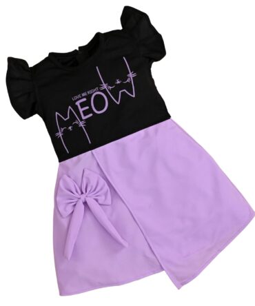 Girls ER Fashion Casual Cotton Blend Meow Printed Knee Length Ruffle Short Sleeves A-Line Dress (6-7 Years, Lavender and Black)