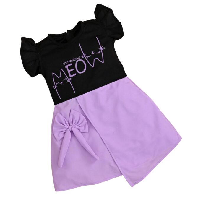 Girls ER Fashion Casual Cotton Blend Meow Printed Knee Length Ruffle Short Sleeves A-Line Dress (6-7 Years, Lavender and Black)