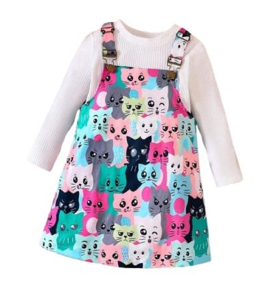 ER Life Style Cotton Blend Meow Printed Girls Knee Length Casual Bodycon Party Dress (in, Age, 6 Years, 7 Years, Pink_White)