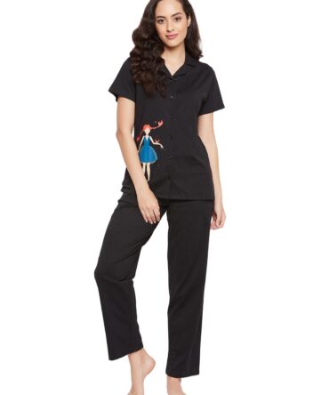 Clovia Night Suits for Women, Night Dresses for Women, Pyjama Set for Women, Cotton Night Suit for Women, Night Wear for Women, Lounge Wear Set for Women - Printed Shirt & Pyjama (LS0025D13_Black_L)