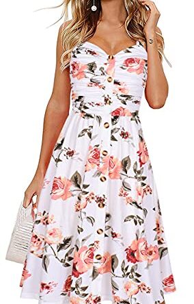 Drimmaks Women's Flattering Dresses Sleevless Rucehd Top Button Down Swing Midi Casual Party Dress(White Floral 2,M)