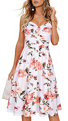 Drimmaks Women's Flattering Dresses Sleevless Rucehd Top Button Down Swing Midi Casual Party Dress(White Floral 2,M)