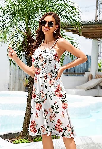 Drimmaks Women's Flattering Dresses Sleevless Rucehd Top Button Down Swing Midi Casual Party Dress(White Floral 2,M) - Image 6