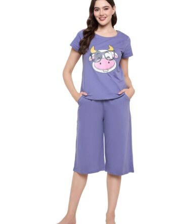 Clovia Night Suits for Women, Night Dresses for Women, Capri Night Suit for Women, Women Night Suit Set, Night Wear for Women, Lounge Wear Set for Women - Top & Capri Set (Blue - Graphic, S)