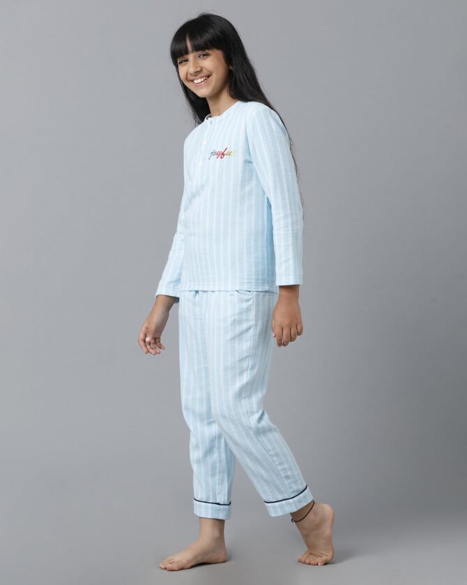 Under Fourteen Only Checker Cotton Nightwear Set with Top & Pyjama for Girls, Half Sleeve Brushed Flannel Nightsuit/Sleepsuit/Sleepwear/Loungewear Combo Set for Kids (2-3 Years, Blue) - Image 2