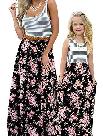 Qin.Orianna Mommy and Me Matching Maxi Dresses,Sleeveless Top Bohemia Floral Printed Matching Outfits with Pockets (Mom 8, Black)