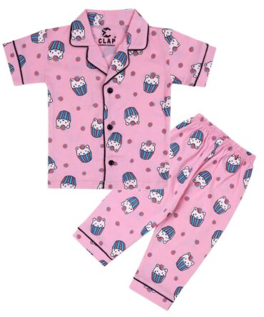CLAP Kids Cotton Printed Half Sleeves Night Suit (2-3 Years, Pink.IC)
