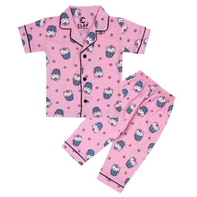 CLAP Kids Cotton Printed Half Sleeves Night Suit (2-3 Years, Pink.IC)