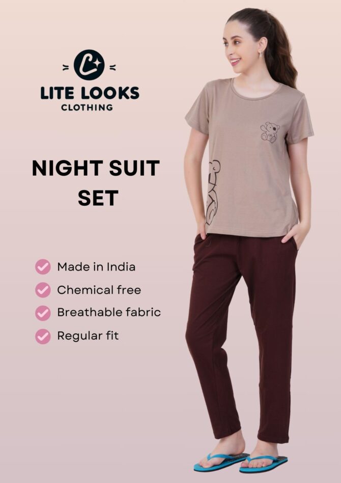 Litelooks Women's Premium Cotton Print Night Suits – Comfortable & Stylish Pajama Set with Pockets (Chocolate, M) - Image 5