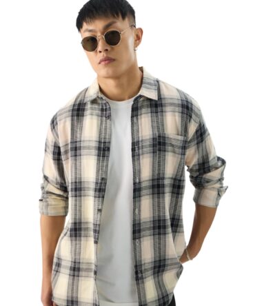 The Souled Store Plaid: Waffle Black Men and Boys Long Sleeve Collared Neck Button Front Regular Fit Cotton Shirts