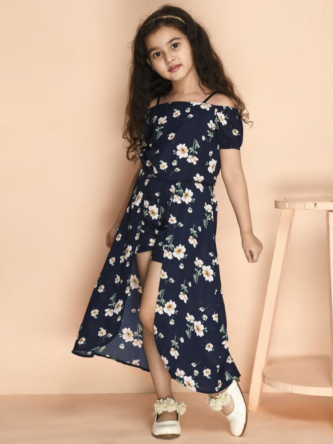 Kids Cave Half Cold Shoulder Sleeve Floral Print Mock Flared Dress Styled Jumpsuit for Girls-Navy Blue_Size-3-4 to 11-12 Years - Image 4