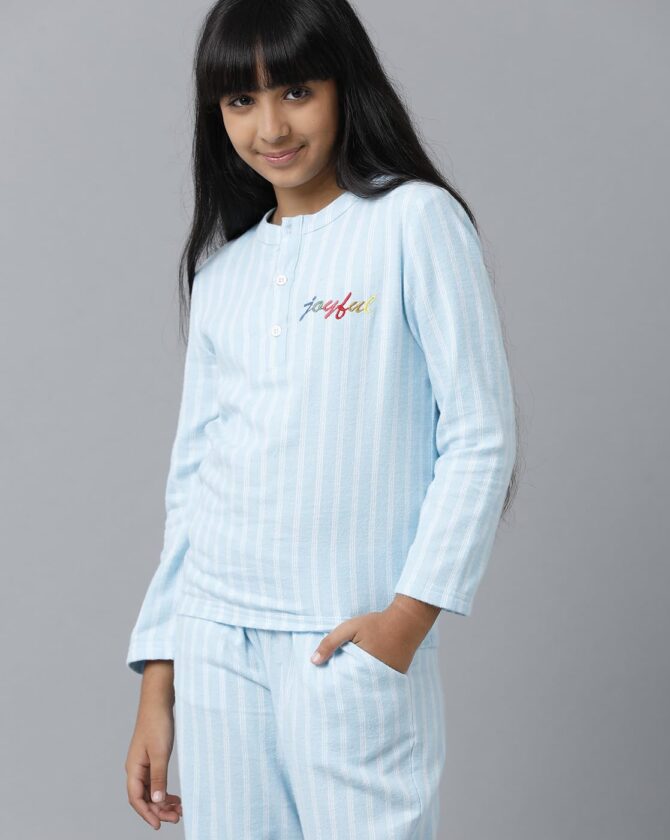Under Fourteen Only Checker Cotton Nightwear Set with Top & Pyjama for Girls, Half Sleeve Brushed Flannel Nightsuit/Sleepsuit/Sleepwear/Loungewear Combo Set for Kids (2-3 Years, Blue) - Image 3