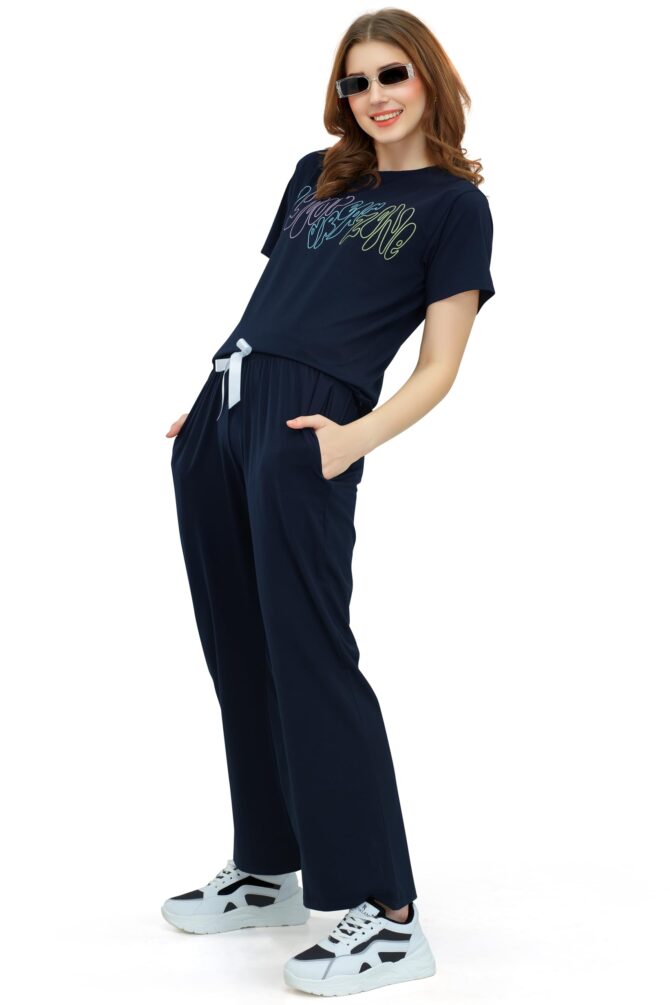 ZEYO Women's Cotton Navy Blue Typography Wide Bottom Night Suit Set of Top & Pyjama - Image 6