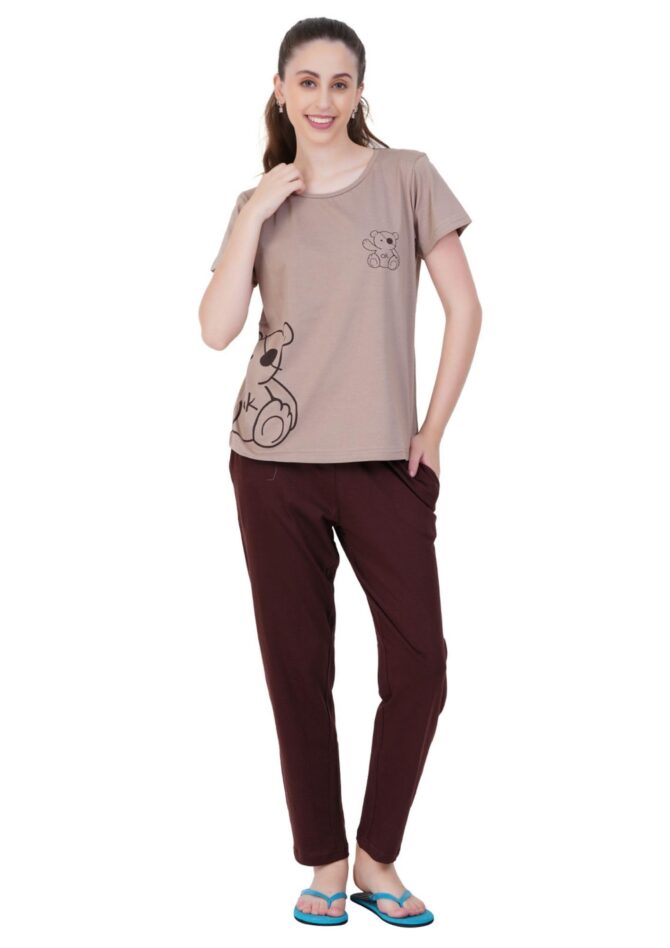 Litelooks Women's Premium Cotton Print Night Suits – Comfortable & Stylish Pajama Set with Pockets (Chocolate, M)