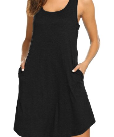 Womens Summer Dresses Beach Coverup Casual Sleeveless Racerback Tank Top Dress with Pockets Black M