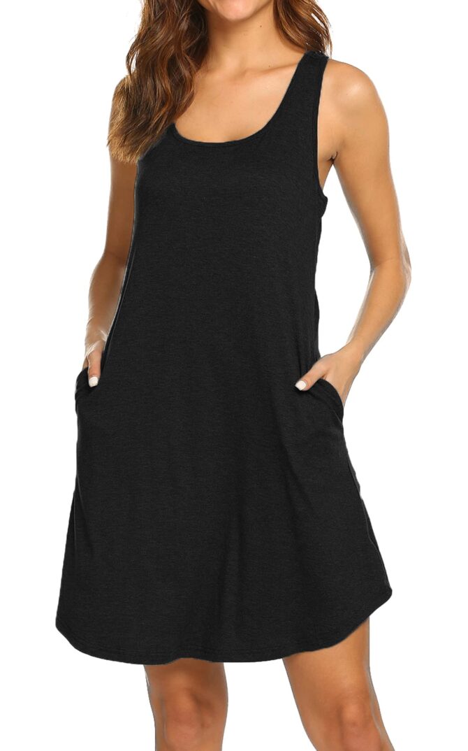 Womens Summer Dresses Beach Coverup Casual Sleeveless Racerback Tank Top Dress with Pockets Black M