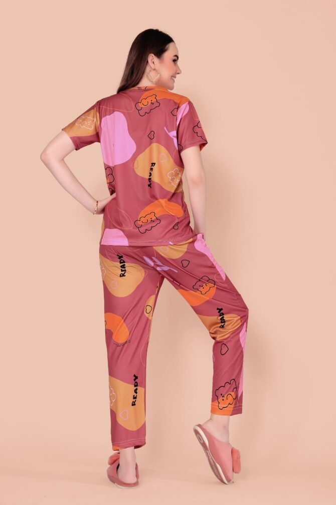 BlackBasket Women's Printed Round Neck Pyjama Set | Short Sleeve Nightsuit Set | Casual Night Dress for Women | Stylish Tshirt and Pyjama Set for Loungewear and Nightwear (RED, L) - Image 6