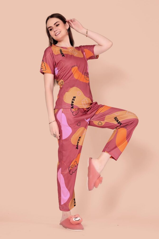 BlackBasket Women's Printed Round Neck Pyjama Set | Short Sleeve Nightsuit Set | Casual Night Dress for Women | Stylish Tshirt and Pyjama Set for Loungewear and Nightwear (RED, L) - Image 3