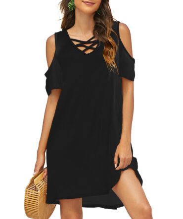 Bluetime Women Cold Shoulder Criss Cross Neckline Short Sleeve Casual Tunic Top Dress (XXXL, Black)