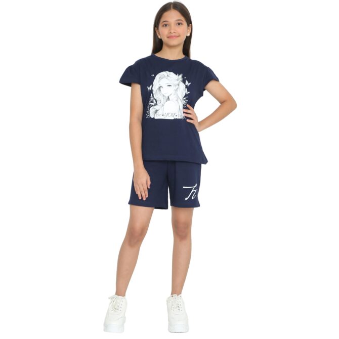 TotzTouch Cotton Girls Night Wear T Shirt & Shorts Set | Summer Cord set for Kids Girls | Night Dresses Tee Top & Shorts Set of 1 (Size Options - Age 3 Years to 15 Years)