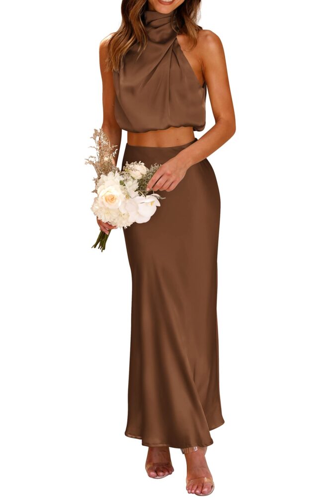 PRETTYGARDEN Women's 2 Piece Satin Outfits Summer Sleeveless Mock Neck Crop Tops And Long Skirt Dress Sets, Khaki, Small