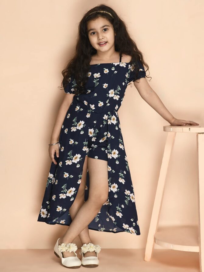 Kids Cave Half Cold Shoulder Sleeve Floral Print Mock Flared Dress Styled Jumpsuit for Girls-Navy Blue_Size-3-4 to 11-12 Years - Image 7