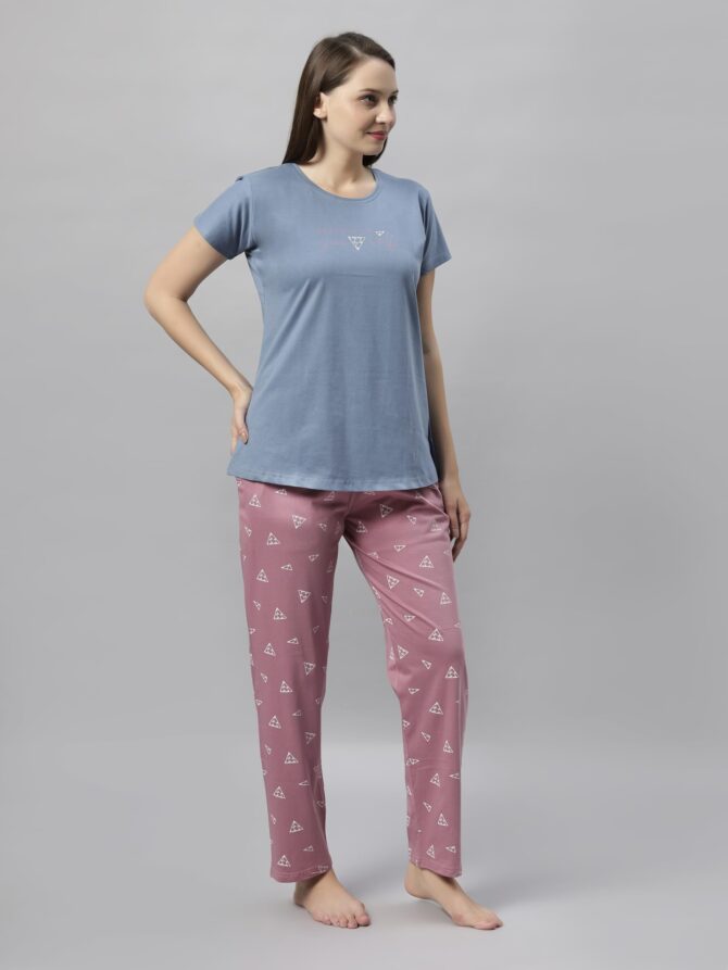 DZZO Women's Cotton Printed Night Suit Set of Shirt & Pyjama, Night wear Dress, Relaxed wear for Women/Girls, Size - S, Color - Blue - Image 7