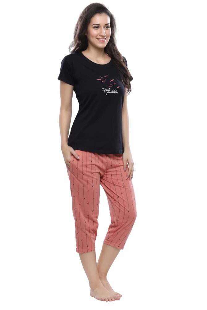 DZZO Cotton Night Suit for Women Girls | Women's Cotton Black T-Shirt & Striped Capri Set Pyjama Set Night Suit Sleepwear Nightwear Nightdress Loungewear for Women and Girls (Small, Black) - Image 4