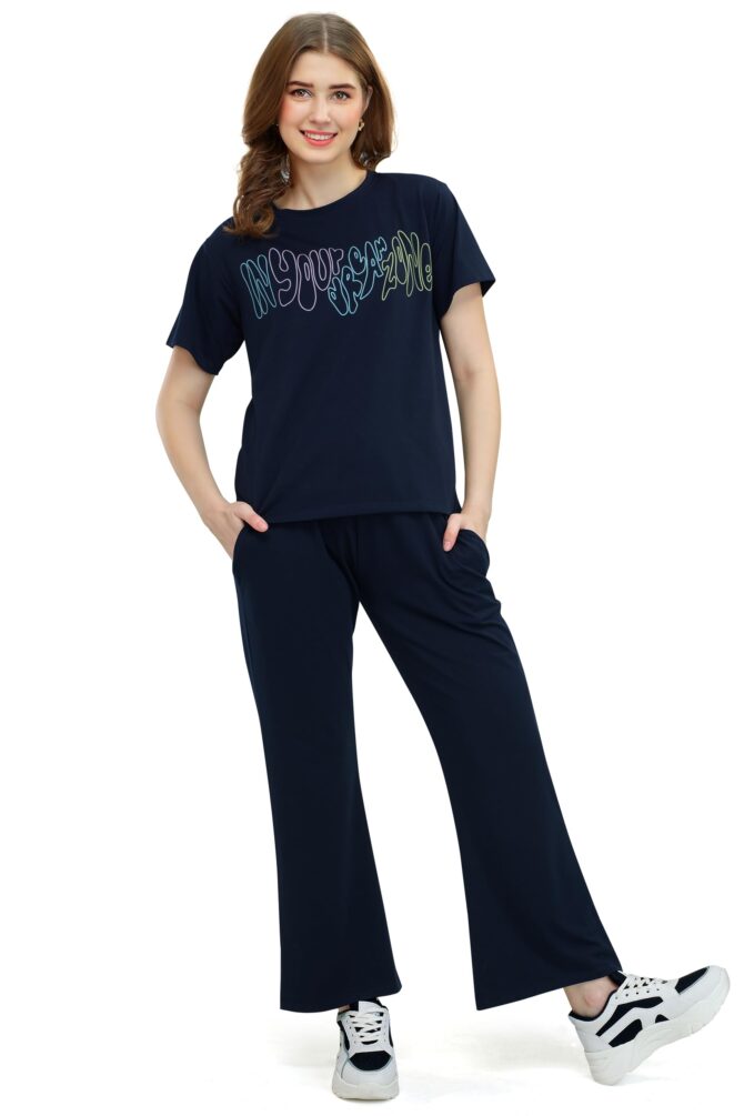 ZEYO Women's Cotton Navy Blue Typography Wide Bottom Night Suit Set of Top & Pyjama