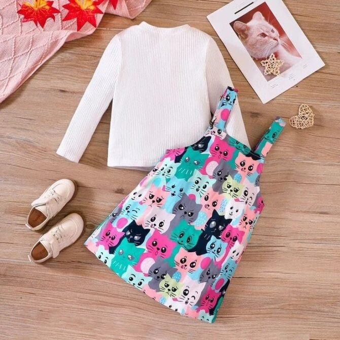 ER Life Style Cotton Blend Meow Printed Girls Knee Length Casual Bodycon Party Dress (in, Age, 6 Years, 7 Years, Pink_White) - Image 3
