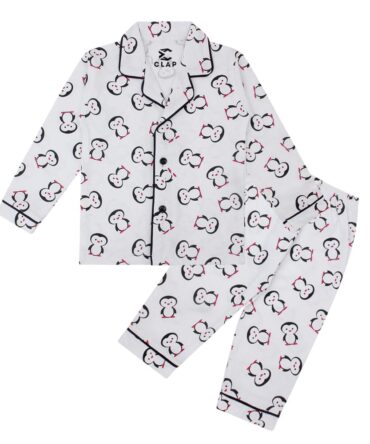 CLAP Unisex Baby Kids Cotton Printed Full Sleeves Night Suit White 1Pc (18-24 Months, White, Relaxed)
