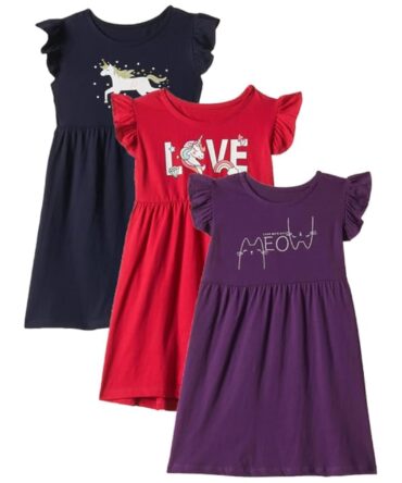 T2F Girl's Cotton A-Line Knee-Length Casual Dress (DRZ3P02_Navy+Fusia+Purple