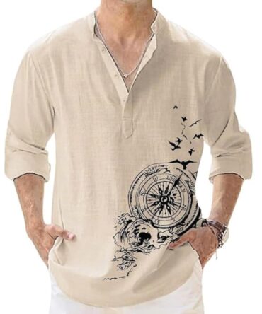 DEELMO Men's Cotton Blend Geometric Regular Shirt (MON321_CHIKU_Down Round_Print_40_Beige