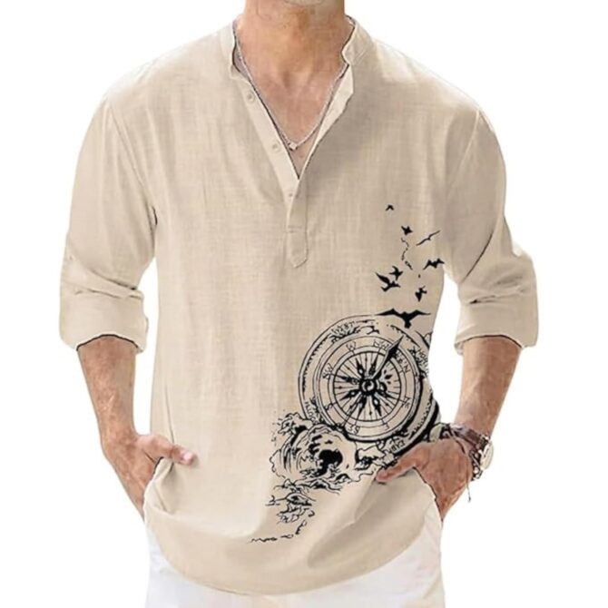 DEELMO Men's Cotton Blend Geometric Regular Shirt (MON321_CHIKU_Down Round_Print_40_Beige