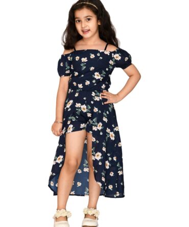 Kids Cave Half Cold Shoulder Sleeve Floral Print Mock Flared Dress Styled Jumpsuit for Girls-Navy Blue_Size-3-4 to 11-12 Years
