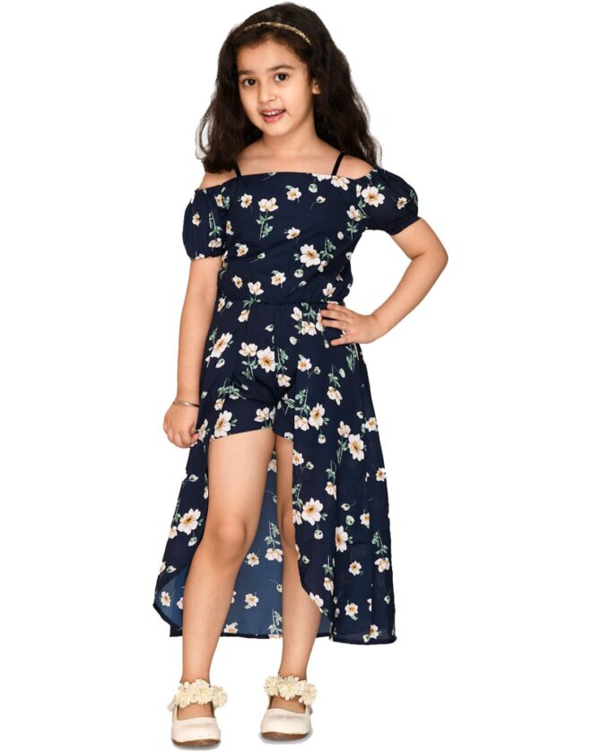 Kids Cave Half Cold Shoulder Sleeve Floral Print Mock Flared Dress Styled Jumpsuit for Girls-Navy Blue_Size-3-4 to 11-12 Years