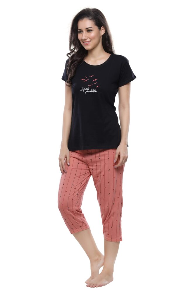 DZZO Cotton Night Suit for Women Girls | Women's Cotton Black T-Shirt & Striped Capri Set Pyjama Set Night Suit Sleepwear Nightwear Nightdress Loungewear for Women and Girls (Small, Black) - Image 6